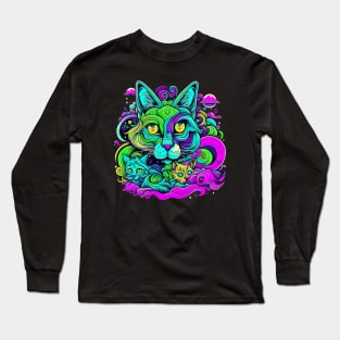 cat mom with kittens psychedelic Long Sleeve T-Shirt